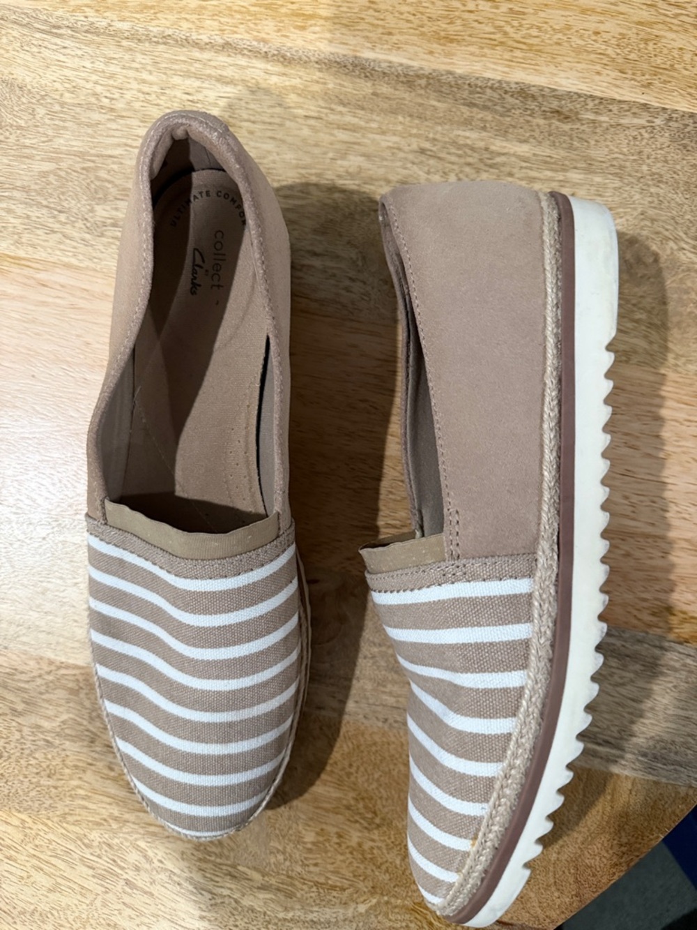 Clarks Women’s Taupe and White Striped Slip-On Espadrille